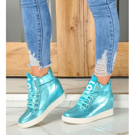Buty sportowe damskie Pantofelek24 w stylu casual turkusowe ze skóry ekologicznej wiązane 