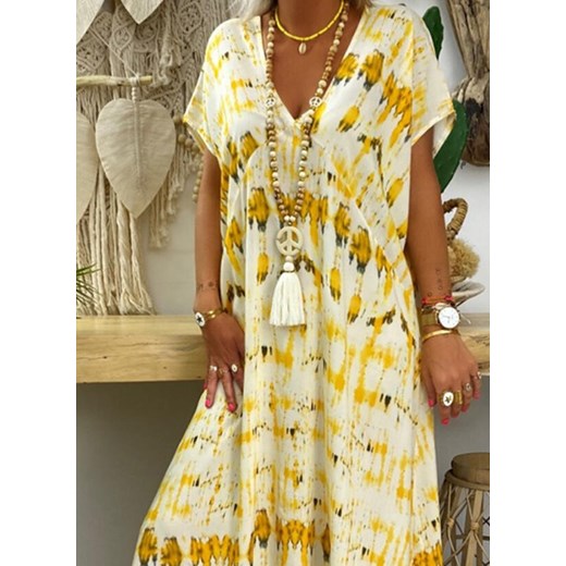 Sukienka Sandbella z krótkim rękawem żółta z dekoltem v 