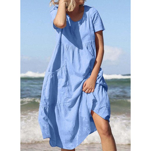 Sukienka Sandbella midi na spacer niebieska z odkrytymi ramionami z krótkimi rękawami 