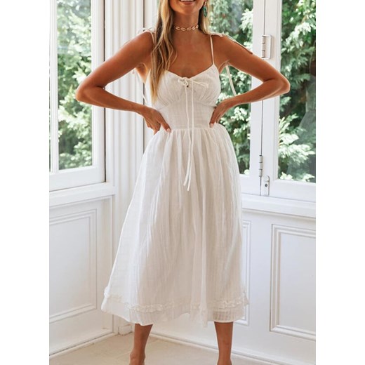Biała sukienka Sandbella midi na ramiączkach trapezowa na co dzień wiosenna 