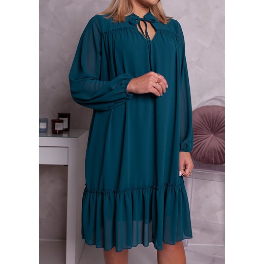 Sukienka Moda Doris zielona z elastanu dla puszystych z długim rękawem 