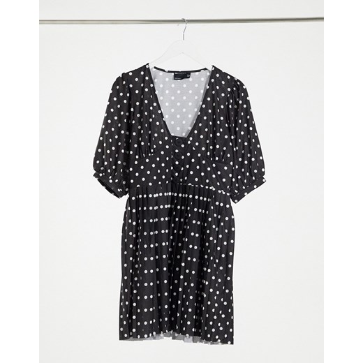 ASOS DESIGN – Czarna plisowana sukienka mini z krótkim rękawem i guzikami w białe groszki-Czarny 46 Asos Poland