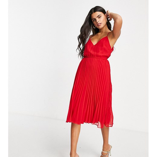 ASOS DESIGN Petite – Czerwona sukienka midi na cienkich ramiączkach z wiązaniem w talii i plisowaną spódnicą-Czerwony 30 Asos Poland