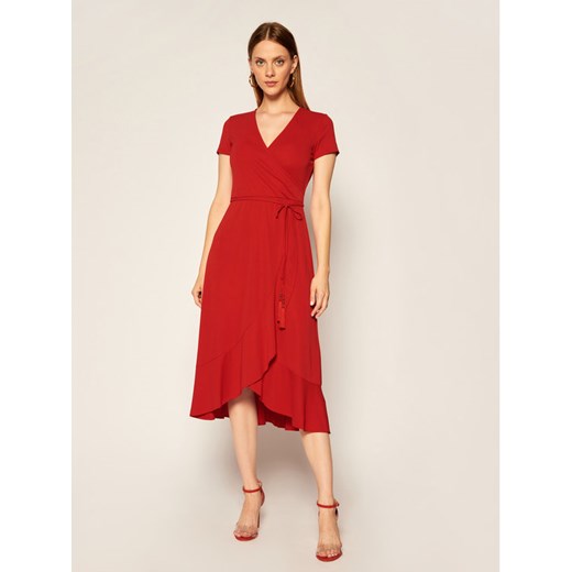 Sukienka Ralph Lauren w serek czerwona na sylwestra z krótkim rękawem bez wzorów kopertowa midi 
