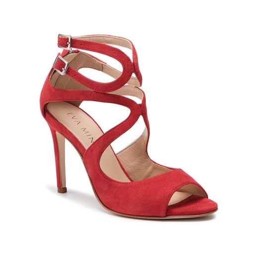 EVA MINGE sandały damskie zamszowe czerwone z klamrą eleganckie 