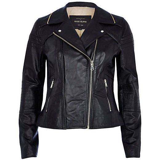 Black leather zip collar trim biker jacket river-island czarny kurtki