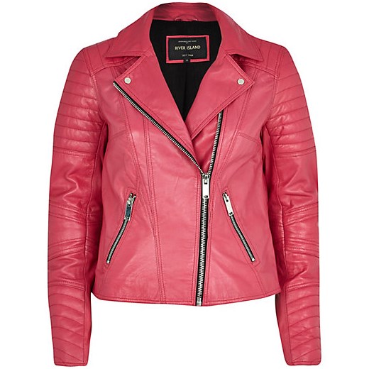 Dark pink leather biker jacket river-island czerwony kurtki