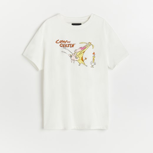Reserved - T-shirt z nadrukiem Cow and Chicken - Kremowy Reserved M Reserved