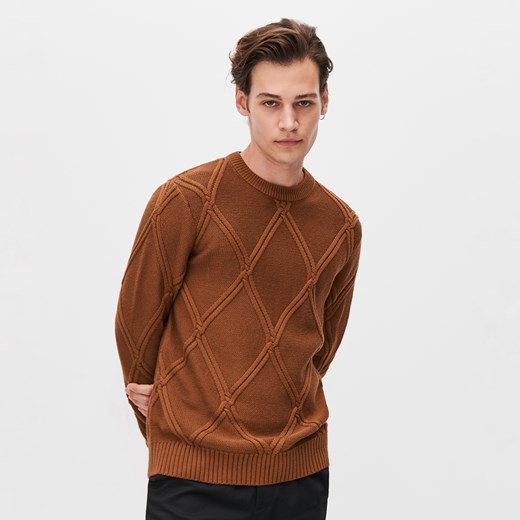 Reserved - Sweter z ozdobnym splotem - Brązowy Reserved XL Reserved