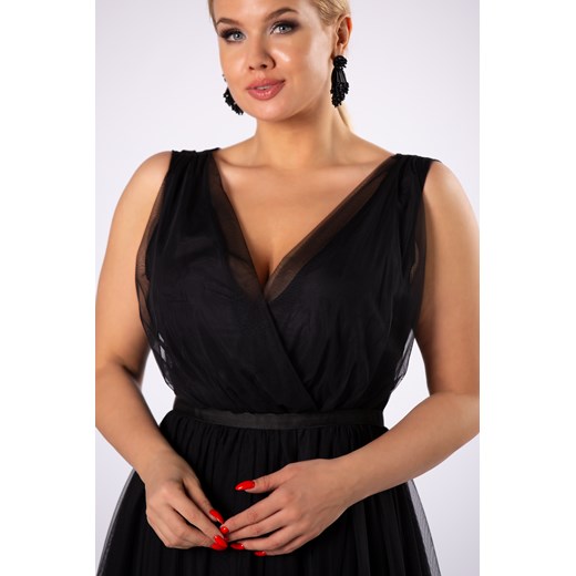 Sukienka Ptakmoda.com czarna kopertowa tiulowa na ramiączkach midi 
