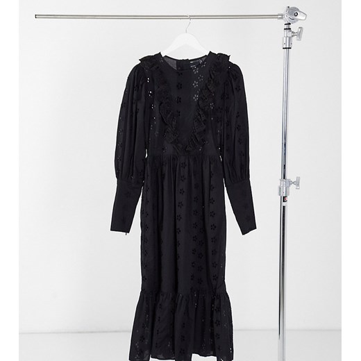 ASOS DESIGN Tall – Czarna, luźna sukienka midi z falbankami i haftowanym wzorem-Czarny 48 Asos Poland