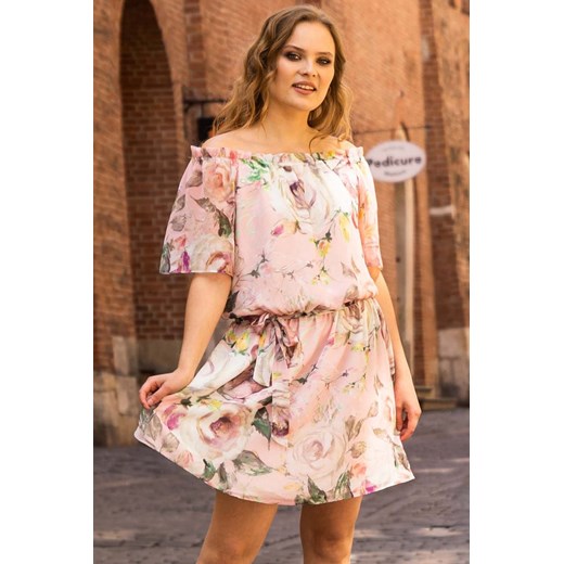 Sukienka na komunie hiszpanka szyfonowa SABINA puder róż w kwiaty PROMOCJA Plus Size promocja karko.pl