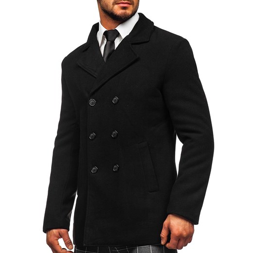 Czarny płaszcz dwurzędowy męski zimowy z wysokim kołnierzem Denley 8078 XS promocyjna cena Denley