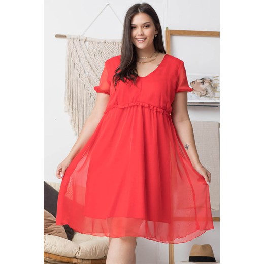 Sukienka na wesele szyfonowa RÓŻA LETNIA ozdobna falbanka czerwona PROMOCJA Plus Size karko.pl wyprzedaż