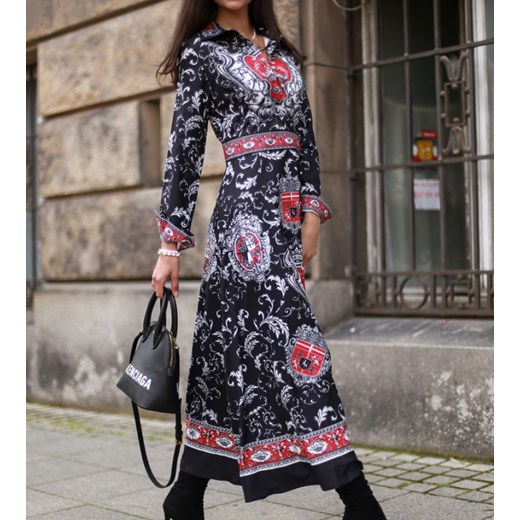 Sukienka midi w chińskie wzorki czarna z czerwonym  Jill 62 Hollywood Dream S hollywooddream.pl