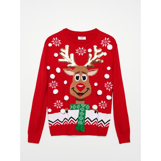 Cropp - Sweter ze świąteczną aplikacją - Czerwony Cropp M Cropp