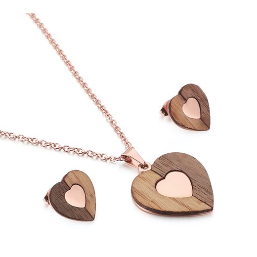 Komplet drewnianej biżuterii Heart Rose Gold Woodfi  Woodfi