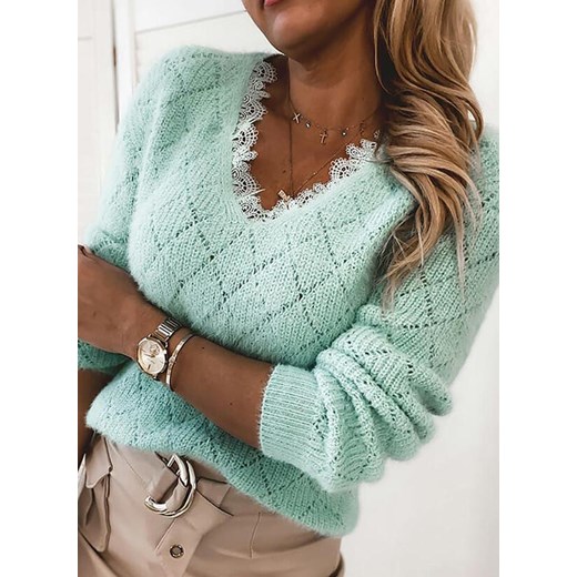 Sweter damski Sandbella zielony casualowy dzianinowy w serek