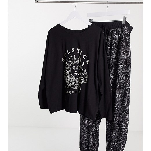 ASOS DESIGN Curve – Czarna piżama z astrologicznym wzorem: koszulka z obniżoną linią ramion i joggersy ze ściągaczami-Czarny 48 Asos Poland
