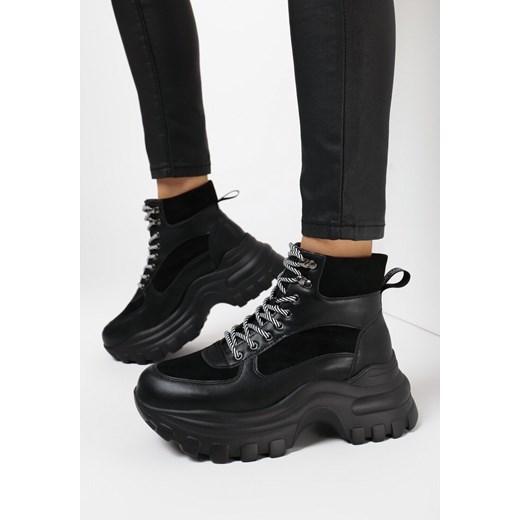 Buty sportowe damskie Born2be sneakersy młodzieżowe czarne sznurowane 