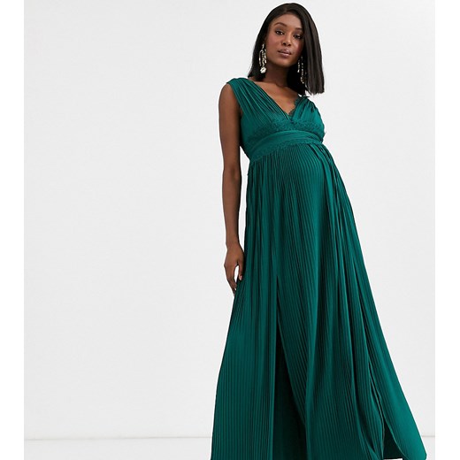 ASOS DESIGN Maternity – Premium – Zielona plisowana sukienka maxi z koronkowymi wstawkami-Zielony 44 Asos Poland