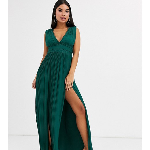 ASOS DESIGN Petite – Premium – Zielona plisowana sukienka maxi ze wstawkami z koronki-Zielony 34 Asos Poland