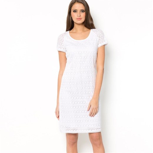 Sukienka prosta z krótkim rękawem, z makramy la-redoute-pl bialy bawełniane