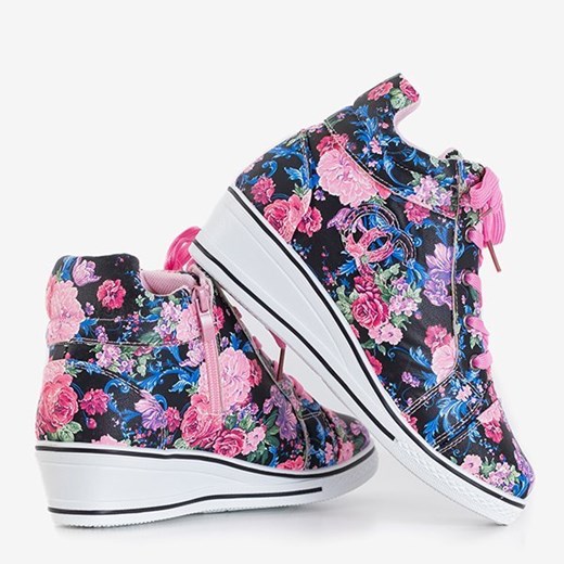 Różowo - czarne dziewczęce sneakersy w kwiaty na koturnie Tutelida - Obuwie Royalfashion.pl 35 royalfashion.pl