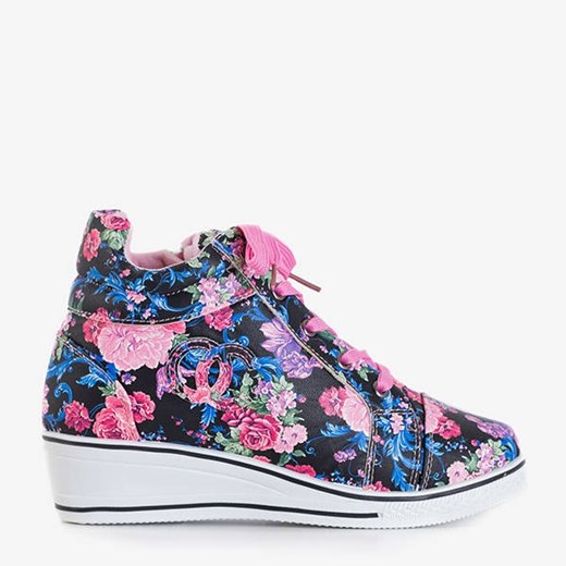 Różowo - czarne dziewczęce sneakersy w kwiaty na koturnie Tutelida - Obuwie Royalfashion.pl 36 royalfashion.pl