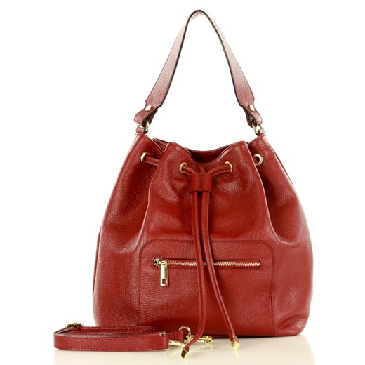 Marco Mazzini Elegancka torebka skórzana bucket bag na ramię czerwona roiboos Genuine Leather uniwersalny promocyjna cena Verostilo