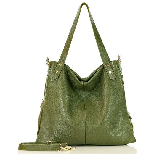 MARCO MAZZINI Torebka skórzana italian shopper bag z zamkami po bokach zieleń safari Genuine Leather uniwersalny Verostilo