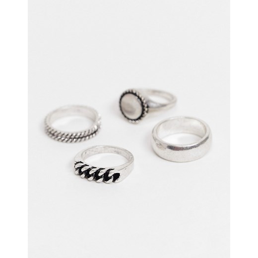 ASOS DESIGN – Zestaw 4 pierścionków z sygnetem i modelem łańcuszkowym w kolorze oksydowanego srebra-Srebrny S / M Asos Poland