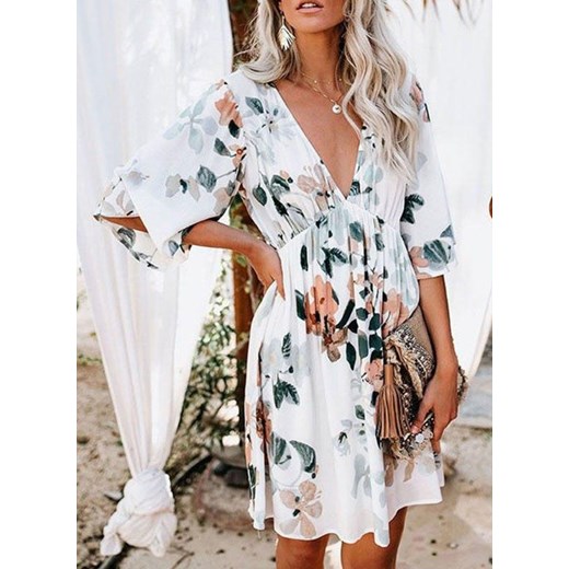 Sandbella sukienka mini wielokolorowa w kwiaty oversize'owa z długimi rękawami