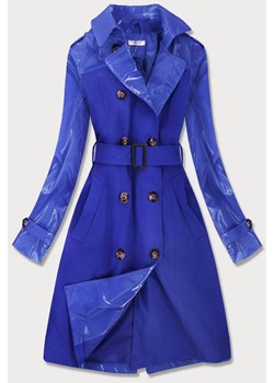 Cienki płaszcz z łączonych materiałów niebieski (yr2027) ze sklepu goodlookin.pl w kategorii Płaszcze damskie - zdjęcie 102972714