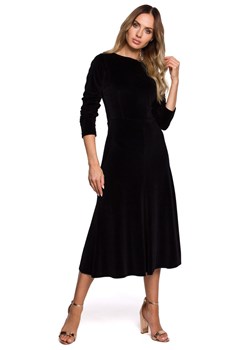 M557 Welurowa Sukienka Midi Z Marszczonym Rękawami 3/4 - czarna ze sklepu Świat Bielizny w kategorii Sukienki - zdjęcie 104068434