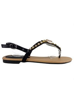 Czarne płaskie sandały damskie z cyrkoniami ze sklepu Kokietki w kategorii Sandały damskie - zdjęcie 106048574