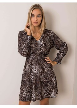 Sukienka Factory Price z długimi rękawami casualowa brązowa z dekoltem w serek z wiskozy w zwierzęcy wzór 