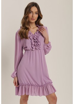 Sukienka Renee fioletowa z długim rękawem z dekoltem w serek 