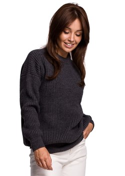 BK052 Długi sweter w prążek - grafitowy ze sklepu Świat Bielizny w kategorii Swetry damskie - zdjęcie 108894100