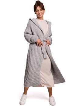 BK054 Długi kardigan z kapturem i paskiem - szary ze sklepu Świat Bielizny w kategorii Swetry damskie - zdjęcie 108949500