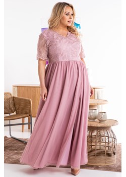 Sukienka tiulowa long ekskluzywna z efektownym rozporkiem i koronkową górą MISISIPI pudrowy róż PROMOCJA ze sklepu karko.pl w kategorii Sukienki - zdjęcie 114697431