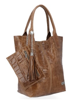 Uniwersalne Torebki Skórzane XL Shopper Bag w motyw zwierzęcy renomowanej firmy Vittoria Gotti Ziemista (kolory) ze sklepu PaniTorbalska w kategorii Torby Shopper bag - zdjęcie 115839213