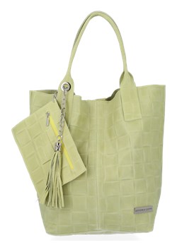 Włoskie Torebki Skórzane Shopper Bag z etui renomowanej firmy Vittoria Gotti Limonkowa (kolory) ze sklepu PaniTorbalska w kategorii Torby Shopper bag - zdjęcie 116376514