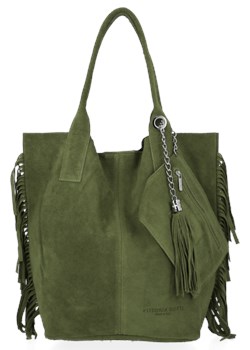 Włoska Torebka Skórzana Shopper Bag z Frędzlami renomowanej firmy Vittoria Gotti Zielona (kolory) ze sklepu PaniTorbalska w kategorii Torby Shopper bag - zdjęcie 117766714