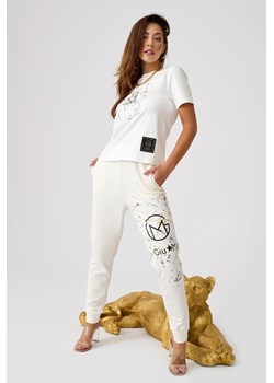 Białe dresowe spodnie damskie z wysokim stanem ze sklepu MONNARI w kategorii Spodnie damskie - zdjęcie 118569370