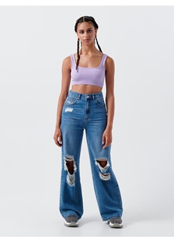 Cropp - Jeansy wide leg z rozdarciami - niebieski ze sklepu Cropp w kategorii Jeansy damskie - zdjęcie 120297771