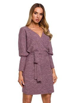 M631 Sukienka swetrowa kopertowa z wiązaniem - wrzosowa ze sklepu Świat Bielizny w kategorii Sukienki - zdjęcie 122352230