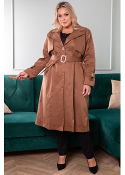 Płaszcz wyjątkowy modny trencz na podszewce zapinany na guziki z kołnierzem MARCYSIA kamel ze sklepu karko.pl w kategorii Płaszcze damskie - zdjęcie 123720191