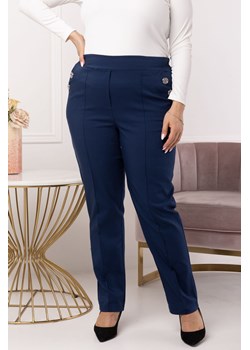 Spodnie eleganckie bawełniane rurki z przeszytym kantem i guzikami EWKA granatowe ze sklepu karko.pl w kategorii Spodnie damskie - zdjęcie 124479204
