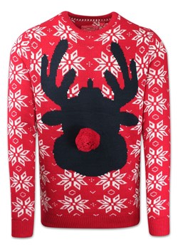 Sweter Świąteczny, Czerwono-Biały z Reniferem, Nos z Pompona, Śmieszny na Prezent, Męski -Brave Soul SWBRSAW21RUDOLPHred ze sklepu JegoSzafa.pl w kategorii Swetry męskie - zdjęcie 125675311